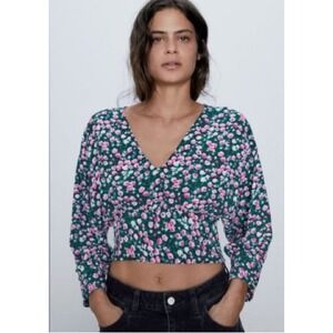 Zara Floral Print Long Sleeve‎ Blouse Smocked Crop Top M